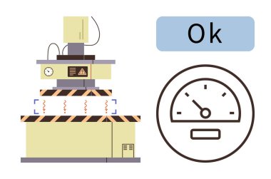 Kablolu endüstriyel makine, uyarı işaretleri ve verimlilik göstergesi. Tamam, durum göstergesi optimal operasyon öneriyor. Üretim, güvenlik, otomasyon, üretkenlik ve performans için ideal