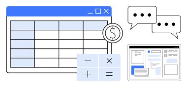 Tablo düzeni, hesap makinesi, konuşma baloncukları ve belge arayüzü takım çalışması, bütçeleme, hesaplamalar ve iletişimi temsil eder. Finans, muhasebe işbirliği dijital araçlar işi için ideal