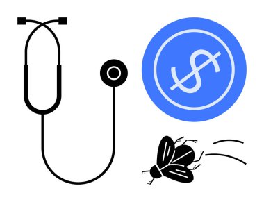 Stetoskop, dolar parası ve uçan böcek teması sağlık harcamalarını, ekonomik yükü ve zorlukları azaltıyor. Sağlık, finans, ekonomi ve yük eşitsizliği için ideal