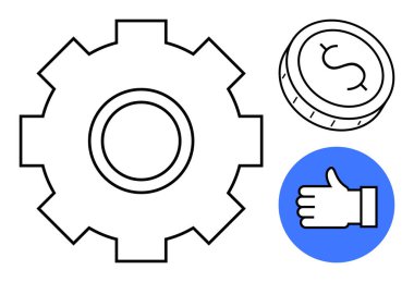 Vites verimliliği simgeler, madeni para maddi büyümeyi simgeler, onaylama da onayı simgeler. İş stratejisi, verimlilik, mali planlama, başarı, karlılık, takım çalışması için ideal basit