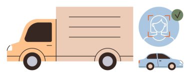 Kimliğini doğrulamak için yüz tanıma sistemine sahip nakliye kamyonu ve araba. Lojistik, güvenlik, teknoloji, kimlik doğrulama, yenilik, ulaşım, güvenlik uygulamaları için idealdir. Basit bir düz metafor.