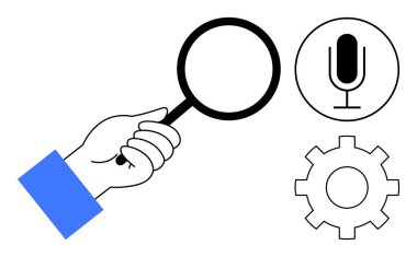 Mikrofon ve teçhizatın yanında el ele tutuşan büyüteç arama, ses girişi ve yapılandırmayı sembolize ediyor. Keşif, araştırma, ses tanıma, kullanılabilirlik ve teknoloji keşfi için ideal