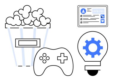 Patlamış mısır kovası, oyun kumandası, ekipmanlı ampul ve dijital sağlık kartı eğlenceyi, yaratıcılığı, teknolojiyi ve sağlığı sembolize ediyor. Eğlence ve teknoloji oyunları için ideal sağlık yeniliği