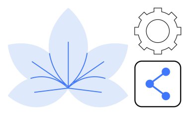 Şekillendirilmiş mavi çiçekli element bir dişli ve bağlantı ağıyla eşleştirildi. Sürdürülebilirlik, yenilik, teknoloji, doğa, ekosistem, işbirliği ve basit bir iniş sayfası için ideal