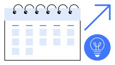 Sarmal bağlayıcı takvim, gelişmeyi gösteren büyüme oku ve yaratıcılığı sembolize eden ampul. Program, üretkenlik, yenilik, hedef belirleme, iş stratejisi, ilerleme için ideal