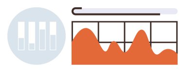Bir ızgara üzerinde yükselen ve düşen desenli bir çizgi grafiğinin yanında değişen yüksekliklere sahip çubuk grafiği. İş analizi, istatistik, ölçüm, eğilim, sunum, bilgi grafikleri için ideal