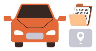 Turuncu araba, konum kodu, ikili kod dizini akıllı navigasyon, GPS izleme ve araba teknolojisi. Veri analizi, otomasyon, yenilik, İOT bağlantısı siber güvenlik için idealdir. Düz