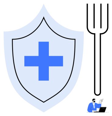 Haç sağlığını temsil eden bir kalkan beslenme sembolü olan büyük bir çatal ve dizüstü bilgisayar üzerinde çalışan bir profesyonel. Sağlık, güvenlik, sağlık hizmetleri, dengeli beslenme, koruma, sağlık hizmetleri için ideal