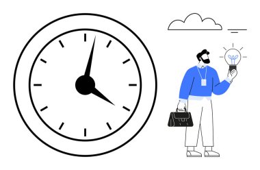Kalın işaretli büyük bir saat ve elinde parlak bir ampul tutan evrak çantası olan bir adam. Zaman yönetimi, yaratıcılık, üretkenlik, karar verme, yenilik, iş stratejisi, basit