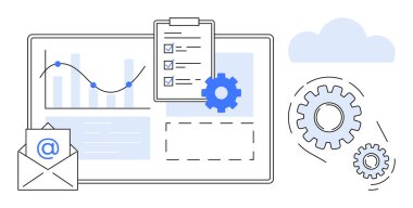 Grafik gösterge paneli ile analiz yap, panodaki kontrol listesi, bulut, vites, zarf. Üretkenlik, otomasyon, planlama, veri analizi takım çalışması için idealdir. Basit düz metafor