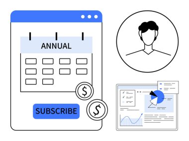 Abonelik düğmesi, kullanıcı profili simgesi ve analitik paneli olan yıllık abonelik takvimi. Abonelik hizmetleri, veri yönetimi, iş planlaması, analiz araçları, mali