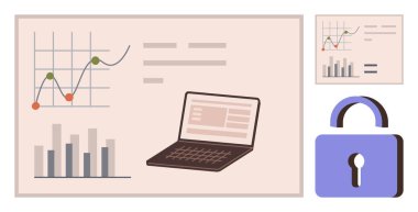 Grafikler, grafikler ve dizüstü bilgisayarlar veri analizini ön plana çıkarırken, kilit siber güvenliği simgeliyor. Analiz, teknoloji, veri koruması, araştırma, finansman dijital pazarlama ve basit bir iniş için ideal