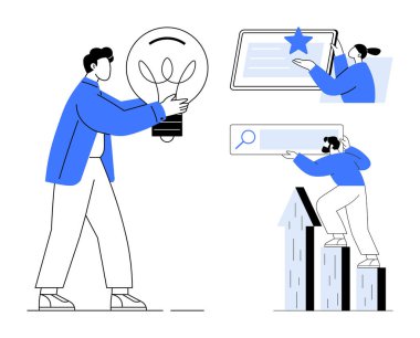 Elinde ampul tutan kişi yeniliği simgeliyor, kontrol listesindeki bireysel işaretleme tamamlamayı, bir diğeri grafiklere tırmanıyor. Takım çalışması, ilerleme, strateji, liderlik, başarı, büyüme için ideal