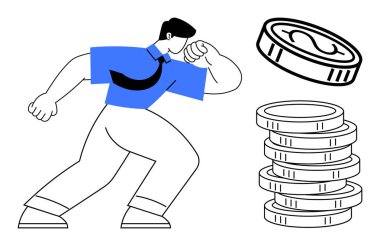 Kendine güvenen bir duruşu, büyük paralar yığını, zenginliğin, kârın ve başarının resmedilmiş hali. Finans, tasarruf, ekonomi, yatırım sektörü büyümesi için ideal basit düz metafor