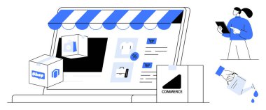 Ürün listeleri, alışveriş çantaları, nakliye paketleri, tablet üzerindeki verileri analiz eden kullanıcı ve ödeme işlemleriyle dijital mağaza önü. Perakende, e-ticaret, analitik, lojistik pazarlama için ideal