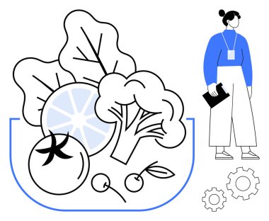 Brokoli, domates, yapraklı yeşillikler, narenciye ve kirazlı kase yanında beslenme uzmanı. Sağlık, diyet, sağlık danışmanlığı, yemek planlama, beslenme konsepti için idealdir. Basit.