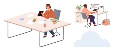 İki kişi ayrı masalarda, dijital cihazlar kullanarak ve dokümanları inceleyerek, çevresi fabrikalar ve ofis malzemeleriyle çevrili. Takım çalışması, üretkenlik, işyeri, dijital iş akışı için ideal