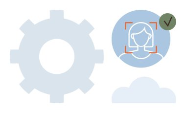 Dişli simgesi, yüz tanıma işaretleri, kontrol işaretleri ve bulut elementi olan bir çemberin içindeki kullanıcı profili. Teknoloji, kimlik doğrulama, yapay zeka, güvenlik, otomasyon, bütünleşme kullanıcısı için ideal
