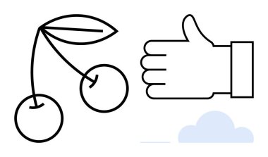 Yapraklı kiraz çizgisi, baş parmak işareti ve bulut. Sağlık, gıda, pozitiflik, tarım, minimum tasarım, doğa konsepti için ideal basit iniş sayfası