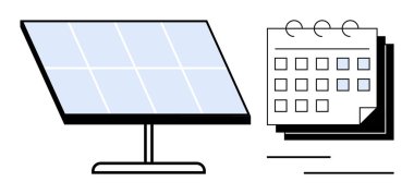 Belirli tarihleri, takvimi, yenilenebilir enerji kullanımını, sürdürülebilirlik planlamasını gösteren bir takvimin yanında güneş paneli. Çevre koruma, güneş enerjisi, enerji verimliliği ve zaman için ideal