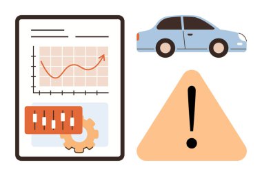 Grafik ve ayarlı gösterge paneli, üçgen uyarı işareti ve araba simgesi. Analiz, tanı, güvenlik, ulaşım, bakım, uyarı sistemleri için ideal basit düz metafor