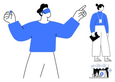 Sanal unsurlarla etkileşime geçen VR kulaklık takan bir adam, pano tutan bir kadın ve bir mağaza önü. Teknoloji, yenilik, sağlık, sanal etkileşim, e-ticaret, dijital eğitim için ideal