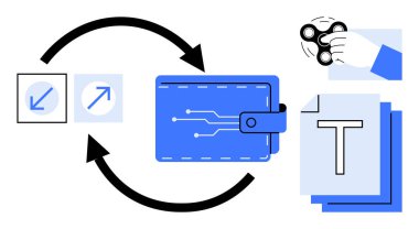 Dijital devresi olan cüzdan, dosya belgeleri, transferi gösteren oklar, dönen el. Veri güvenliği, fintech, engelleme zinciri, dosya paylaşımı, dijital araçlar, akıllı iş akışı basit iniş sayfası için ideal