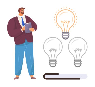 Elinde dosya tutan profesyonel bir adam, yaratıcılığı simgeleyen parlak ve loş ampullerin yanında duruyor. Yenilik, beyin fırtınası, karar verme, takım çalışması, liderlik, strateji, basit