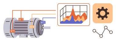 Sıcaklık ölçümleri, performans analizi grafiği, ayarlar ve bağlantı düğümüne sahip endüstriyel motor. Teknoloji, imalat, otomasyon, makine, enerji yönetimi için idealdir.