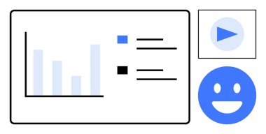 Renk kodlu efsane, medya için çalma tuşu ve ruh hali takibi için mutlu yüz çizelgesi. Analiz, kullanıcı geribildirimi, ortam, bilgi grafikleri, veri paylaşımı, basit iniş sayfaları için ideal