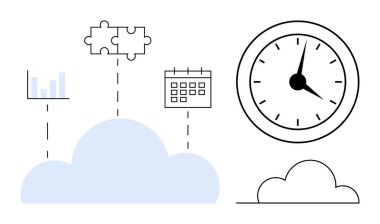Bir saat, takvim, bulmaca ve grafiği birleştiren bulut, zaman yönetimi, zamanlama, analitik ve bağlantıyı temsil ediyor. Verimlilik planlama hedefi için ideal veri organizasyonu