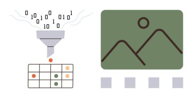 Faal verilere ikili kod işleme, organize tablolar ve dağ manzarası görselleştirmesi oluşturma. Veri işleme, görselleştirme, yapay zeka, algoritmalar, analiz, makine için ideal