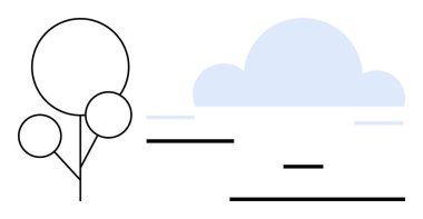 Açık mavi soyut bulutun yanında dairesel çizgileri olan geometrik ağaç. Basit siyah çizgiler, sakin bir ufku çağrıştırıyor. Minimalizm için ideal, doğa, tasarım, yaratıcılık, dekor, modern sanat, basit