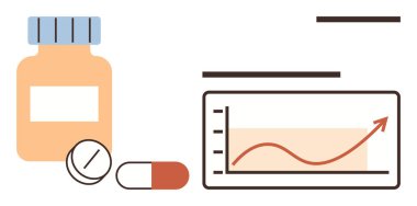 Tıbbi tabletler, kapsül, şişe ve yukarı doğru eğilimli çizgi grafiği. Sağlık, ilaç, farmasötik büyüme, istatistiksel ekonomik analiz ilerleme araştırması için ideal. Basit düz