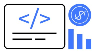 Dolar işareti ve bar çizelgesi olan bir paranın yanında kod etiketi sembolü. Programlama, finans, veri, analitik, teknoloji, kodlama eğitimi ve ekonomi kavramları için ideal. Kusursuz düz metafor