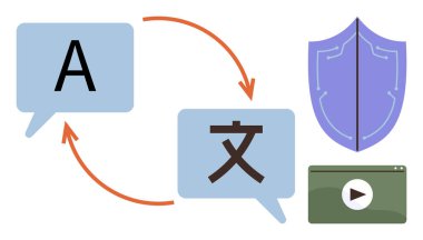 Metin ve oklu konuşma baloncukları, güvenlik için kalkan sembolü ve video oynatıcı ekran. Dil hizmetleri için ideal, küreselleşme, güvenlik, multimedya, e-öğrenme iletişim teknolojisi. Modern