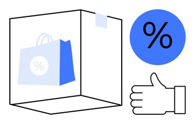 Bir kutunun içindeki alışveriş torbası, mavi yüzde işareti, ve indirimleri, satışları, çevrimiçi alışverişi, perakende tanıtımını, pazarlamayı, markalaşmayı, müşteri ilişkisini temsil eden jest.
