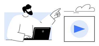 Laptopta çalışan sakallı adam, bulutu işaret ediyor, çalma tuşunu vurguluyor. Konseptler için idealdir Online öğrenme, dijital ortam, bulut hesaplama, video akışı, yaratıcılık, bağlantı
