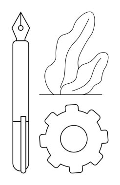 Dolma kalem, vites simgesi ve soyut yaprak tasarımı yaratıcılık, teknoloji ve sürdürülebilirlik temalarını iletir. Yazmak, yenilik, eko-teknoloji, tasarım düşünme mühendisliği için idealdir.