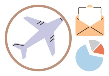 Daire içine uçak, içinde kağıt ve pasta dilimleri olan zarf aç. Seyahat, lojistik, iletişim, ekonomi, analitik strateji ve küreselleşme için ideal. Temiz, düz metafor