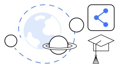 Yörünge çizgileri, Satürn gezegeni, ağ bağlantısı ikonu ve mezuniyet şapkası olan bir dünya. Eğitim, küresel bağlantı, teknoloji, gelecek, bilimsel keşif gibi konular için idealdir.