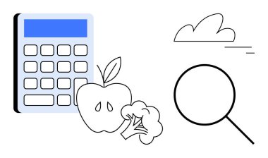 Hesap makinesi, elma, brokoli, büyüteç ve bulutları sembolize eden beslenme takibi, gıda analizi, araştırma, diyet planlaması, sağlıklı yaşam tarzı eğitimi ve basit iniş sayfası.