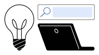 Yeniliği simgeleyen ampul, teknolojiyi sembolize eden dizüstü bilgisayar ve bilgi aramasını temsil eden arama çubuğu. Girişimcilik, yaratıcılık, araştırma, eğitim, yenilik, teknoloji için ideal