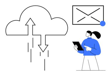 Yukarı ve aşağı okları olan bulut, e-posta bildirim simgesi ve tablet kullanan bir kadın. Teknoloji, iletişim, ağ, veri depolama, bulut hesaplama, dijital çalışma alanı için ideal