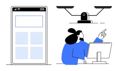 Kadın, el kol hareketi, dijital cihaz ve denge ölçeği yaparken bilgisayar ekranını inceliyor. Teknoloji, karar verme, analiz, yargı, eşitlik üretkenliği için idealdir. Basit düz metafor