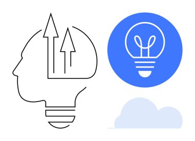 Büyümeyi ve fikirleri sembolize eden yukarı doğru oklarla insan kafası ana hatları, mavi daireli ampul, soyut bulut simgesi. Yaratıcılık, yenilik, büyüme, beyin fırtınası, problem çözme, strateji için ideal