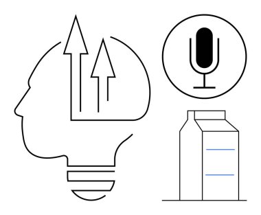 Mikrofon ve süt kutusunun yanında yukarı doğru ok atan bir insan kafası. Yenilik, yaratıcılık, iletişim, büyüme, eğitim, yapay zeka, podcastlar için ideal
