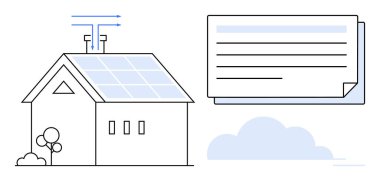 Güneş panelleri, veri akışı okları ve metin diyagramı olan bir ev. Yenilenebilir enerji, sürdürülebilirlik, akıllı ev, yeşil teknoloji, eko-yaşam, enerji verimliliği için ideal düz metafor
