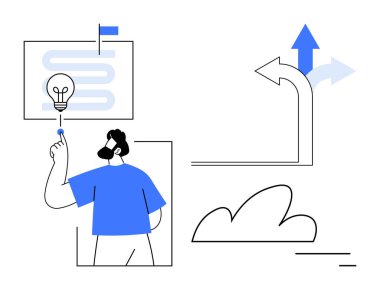 Ampulü işaret eden ve yukarı doğru ok atan bir adam. Oklar yönü, seçimleri, hedefleri, ilerlemeyi ve yeniliği sembolize eder. Strateji, yaratıcılık ve iş büyümesi için ideal