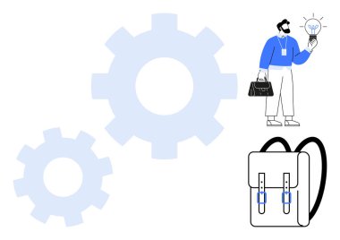 Ofiste elinde ampul tutan bir adam, büyük vitesler süreçleri sembolize ediyor, çok az sırt çantası çizimi var. Yaratıcılık, yenilik, üretkenlik, iş akışı, iş dünyası, problem çözme modern